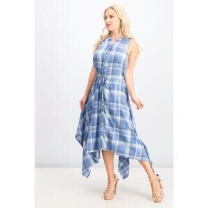 Tommy Hilfiger Plaid Sleeveless Shirt Dress 14 Blue Checker Midi Handkerchief